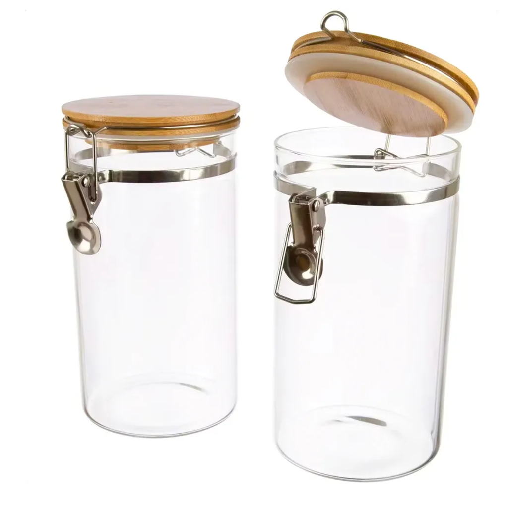 2 Frascos Clip 750ml Contenedor Hermetico Tapa Bambu 8x15cm