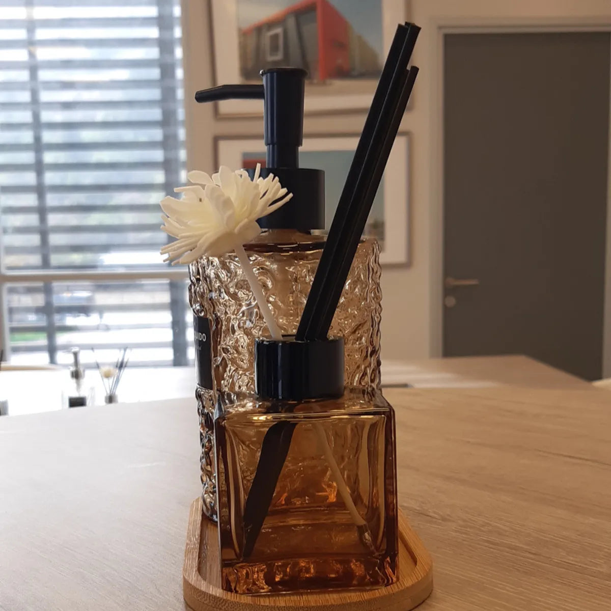 Dispensador Jabon Y Difusor De Varillas Con Base De Bambu