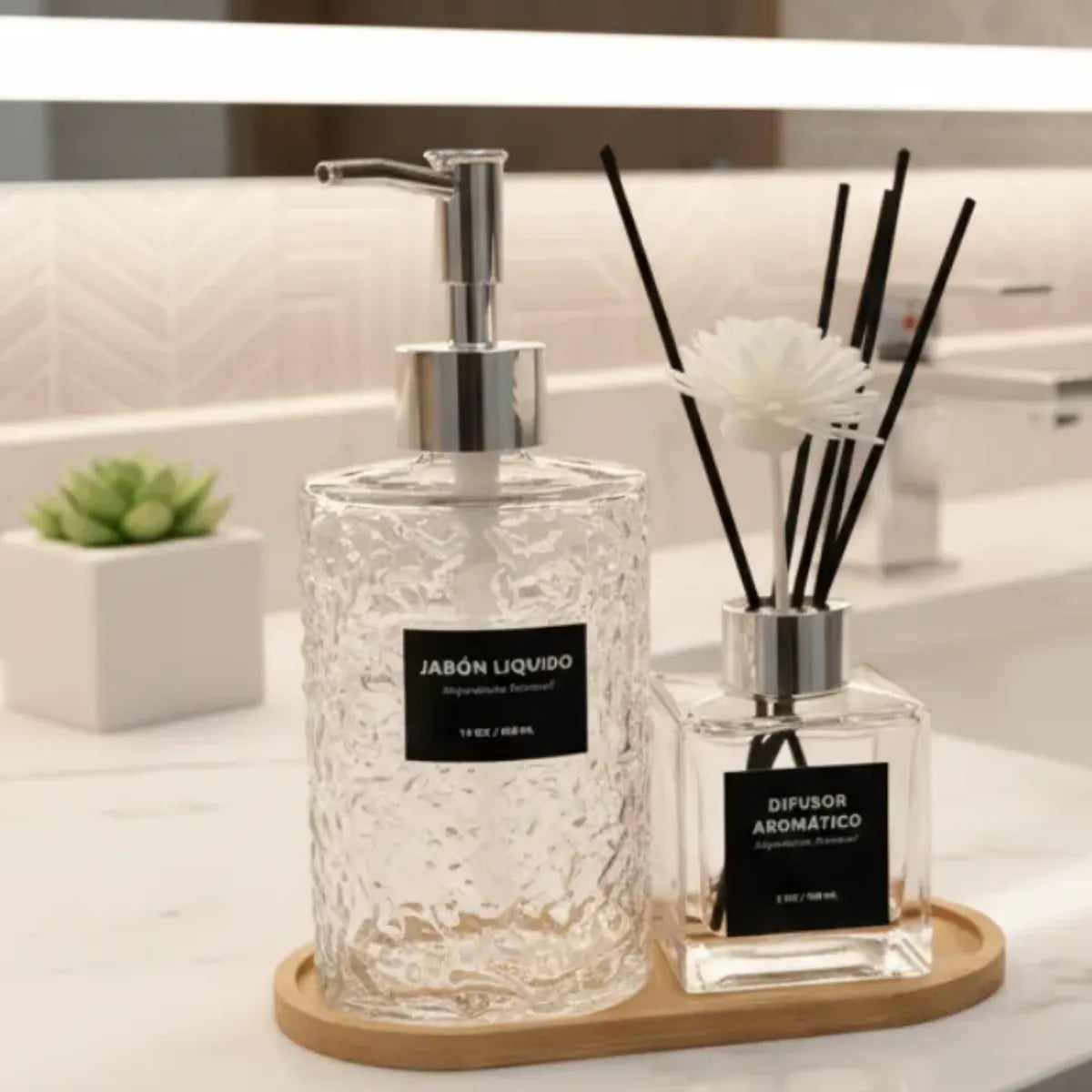Dispensador Jabon Y Difusor De Varillas Con Base De Bambu