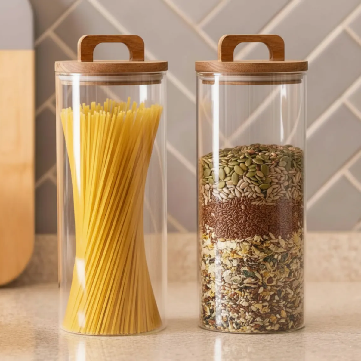 2 Frascos Cilíndrico Vidrio 1500ml Tapa Acacia