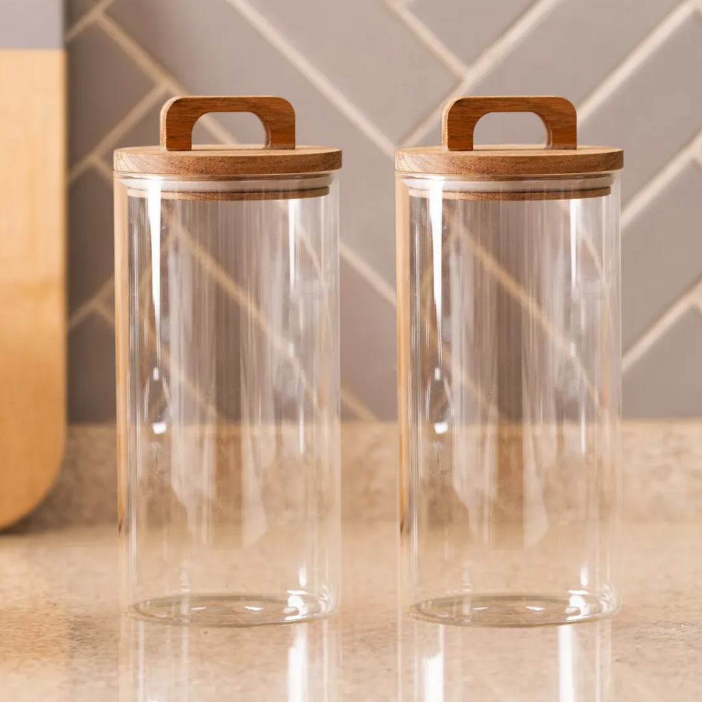 2 Frascos Cilíndrico Vidrio 1500ml Tapa Acacia