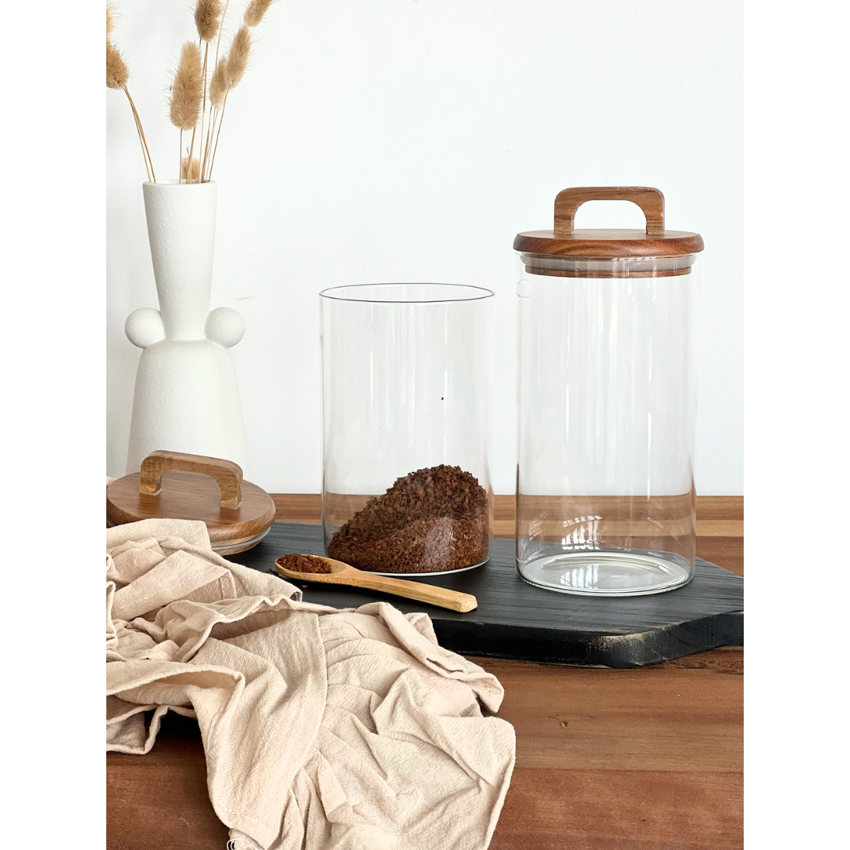 2 Frascos Cilíndrico Vidrio 1500ml Tapa Acacia