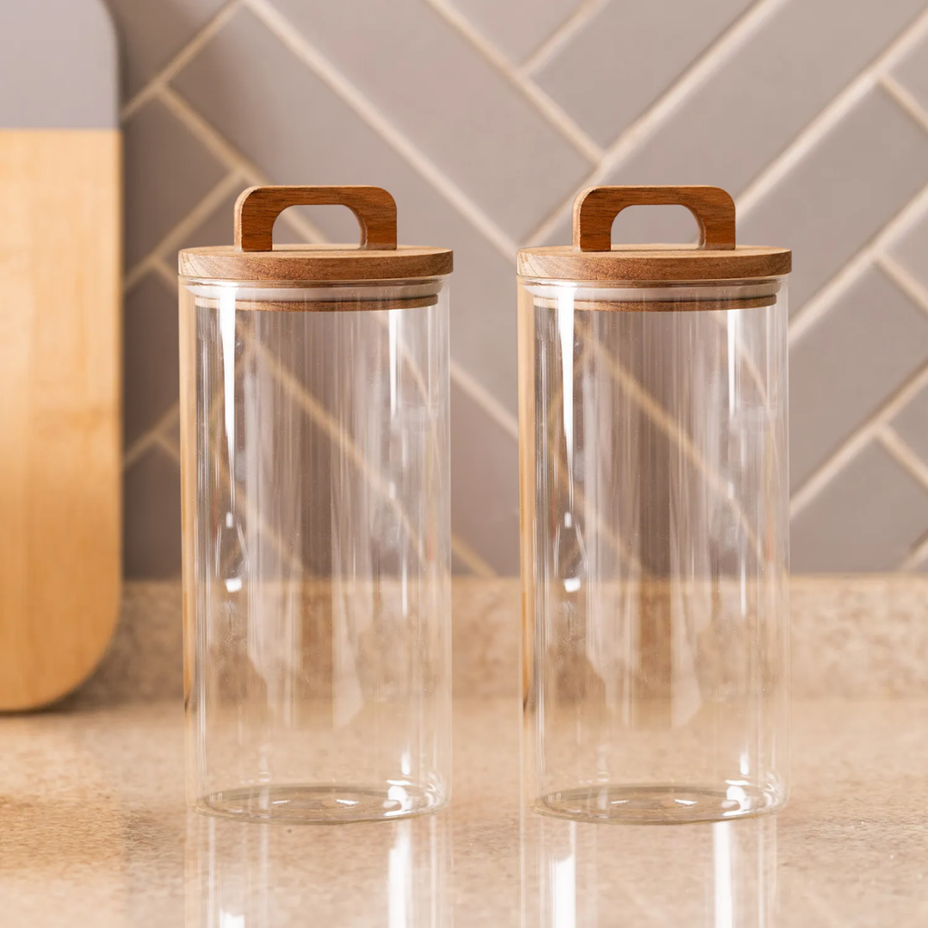2 Frascos Cilíndrico Vidrio 1500ml Tapa Acacia