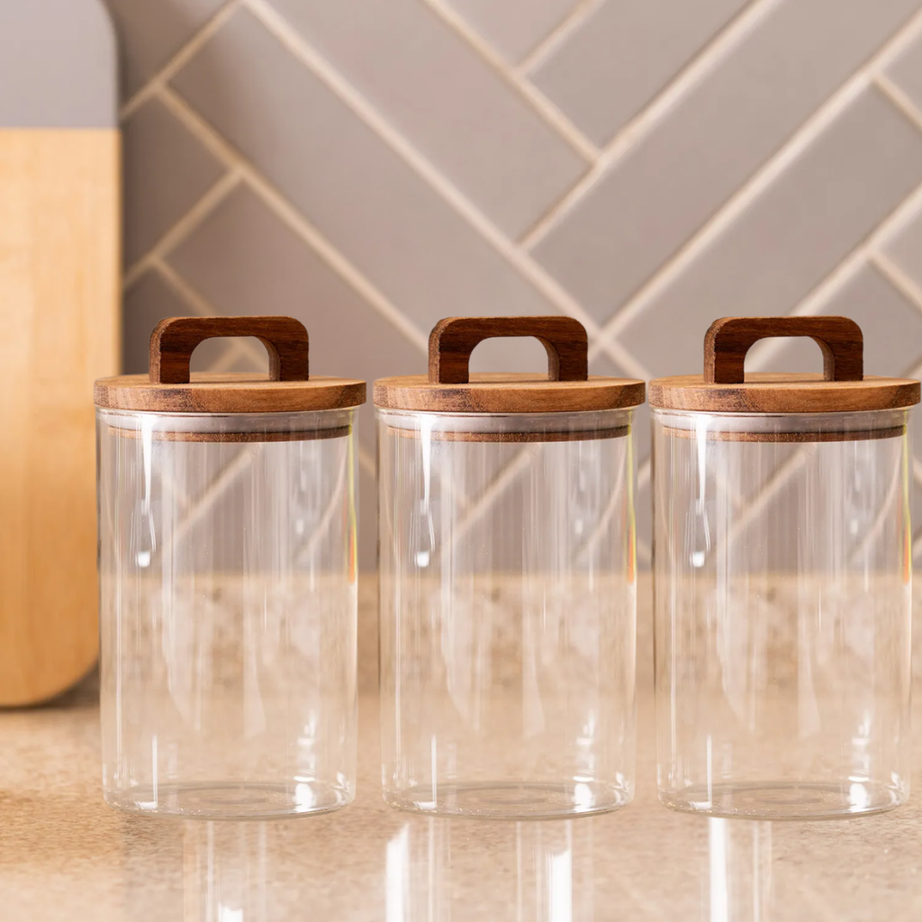 3 Frascos Cilíndrico De Vidrio 1000ml Tapa Acacia Con Asa