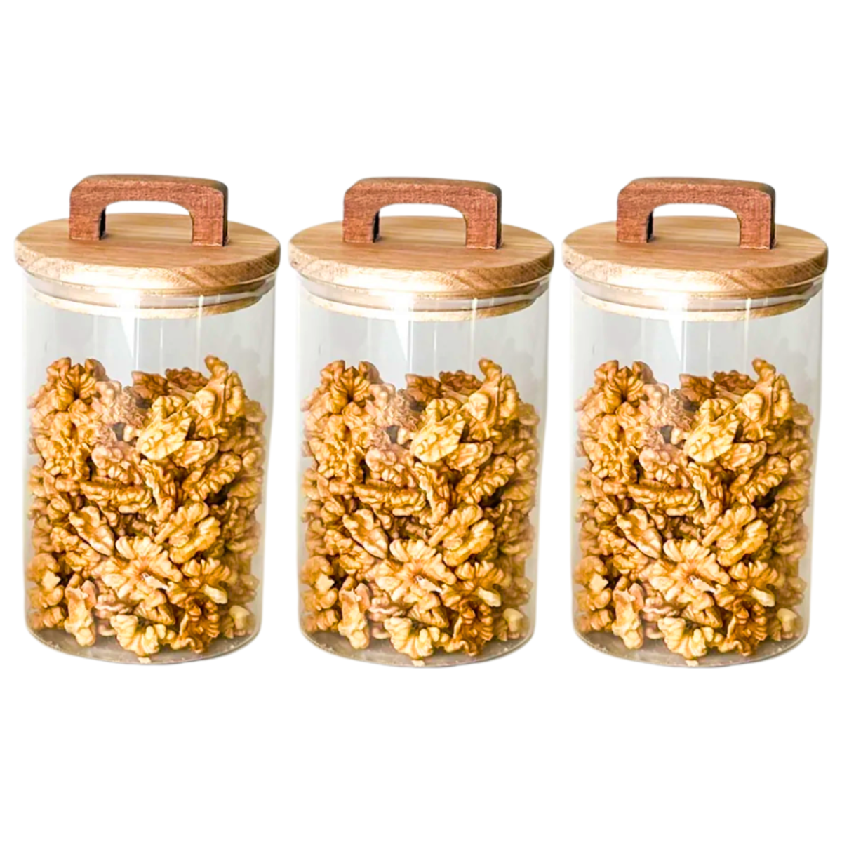 3 Frascos Cilíndrico De Vidrio 1000ml Tapa Acacia Con Asa