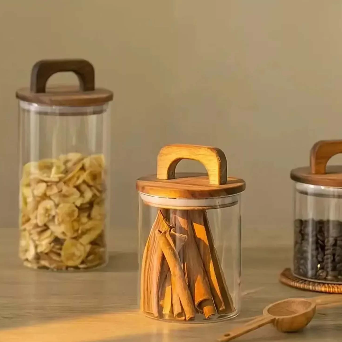 4 Frascos Cilíndrico De Vidrio 750ml Tapa Acacia Con Asa