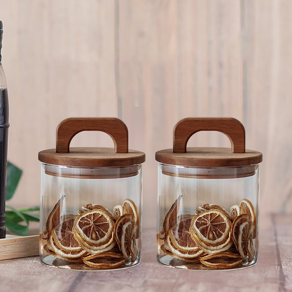 4 Frascos Cilíndrico De Vidrio 750ml Tapa Acacia Con Asa