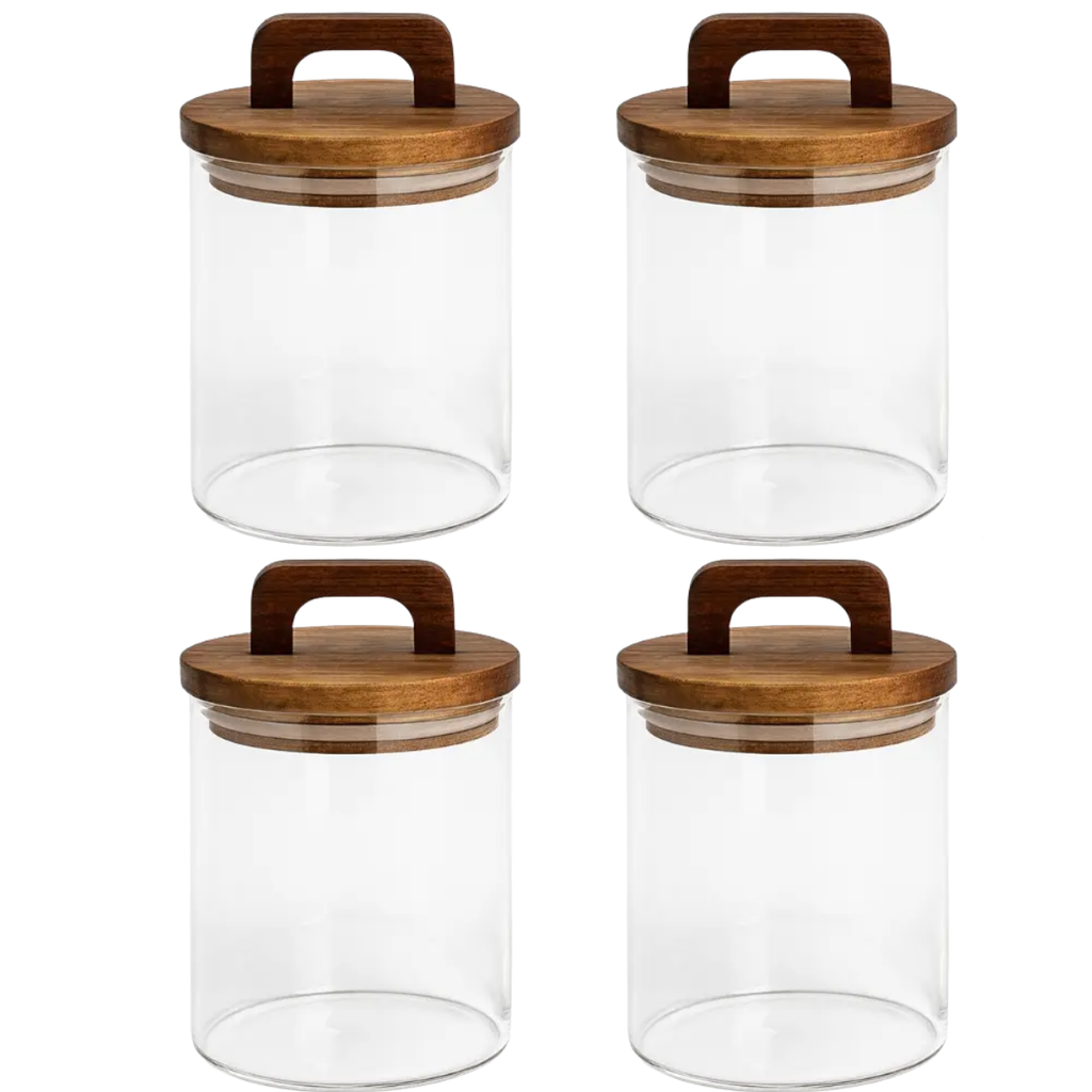 4 Frascos Cilíndrico De Vidrio 750ml Tapa Acacia Con Asa