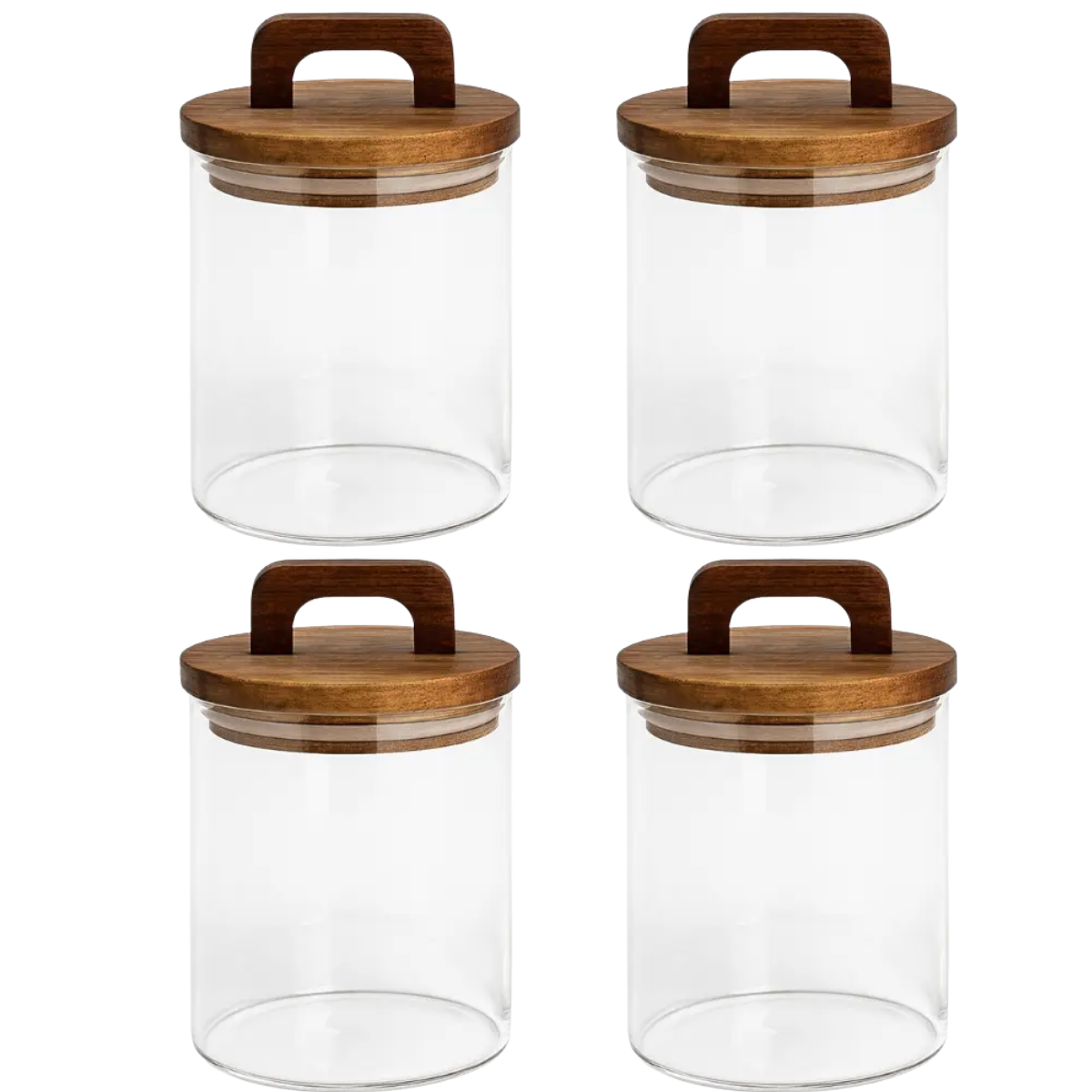 4 Frascos Cilíndrico De Vidrio 750ml Tapa Acacia Con Asa