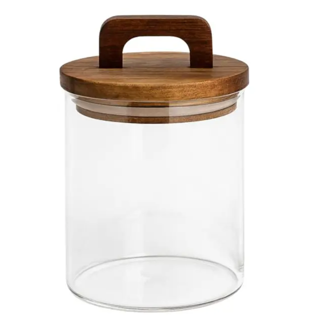 4 Frascos Cilíndrico De Vidrio 750ml Tapa Acacia Con Asa