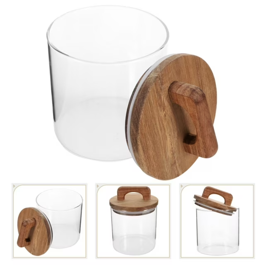 4 Frascos Cilíndrico De Vidrio 750ml Tapa Acacia Con Asa