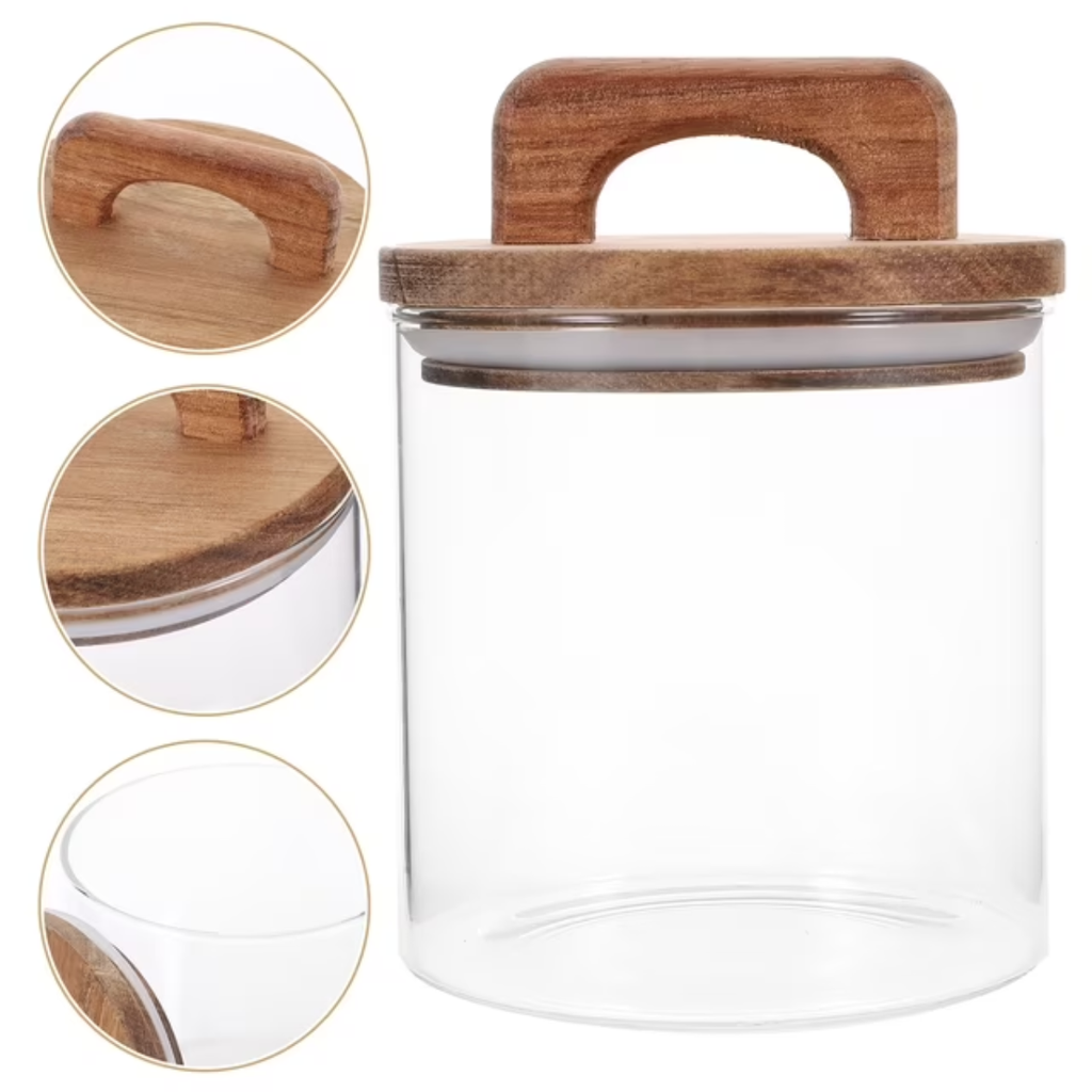 4 Frascos Cilíndrico De Vidrio 750ml Tapa Acacia Con Asa