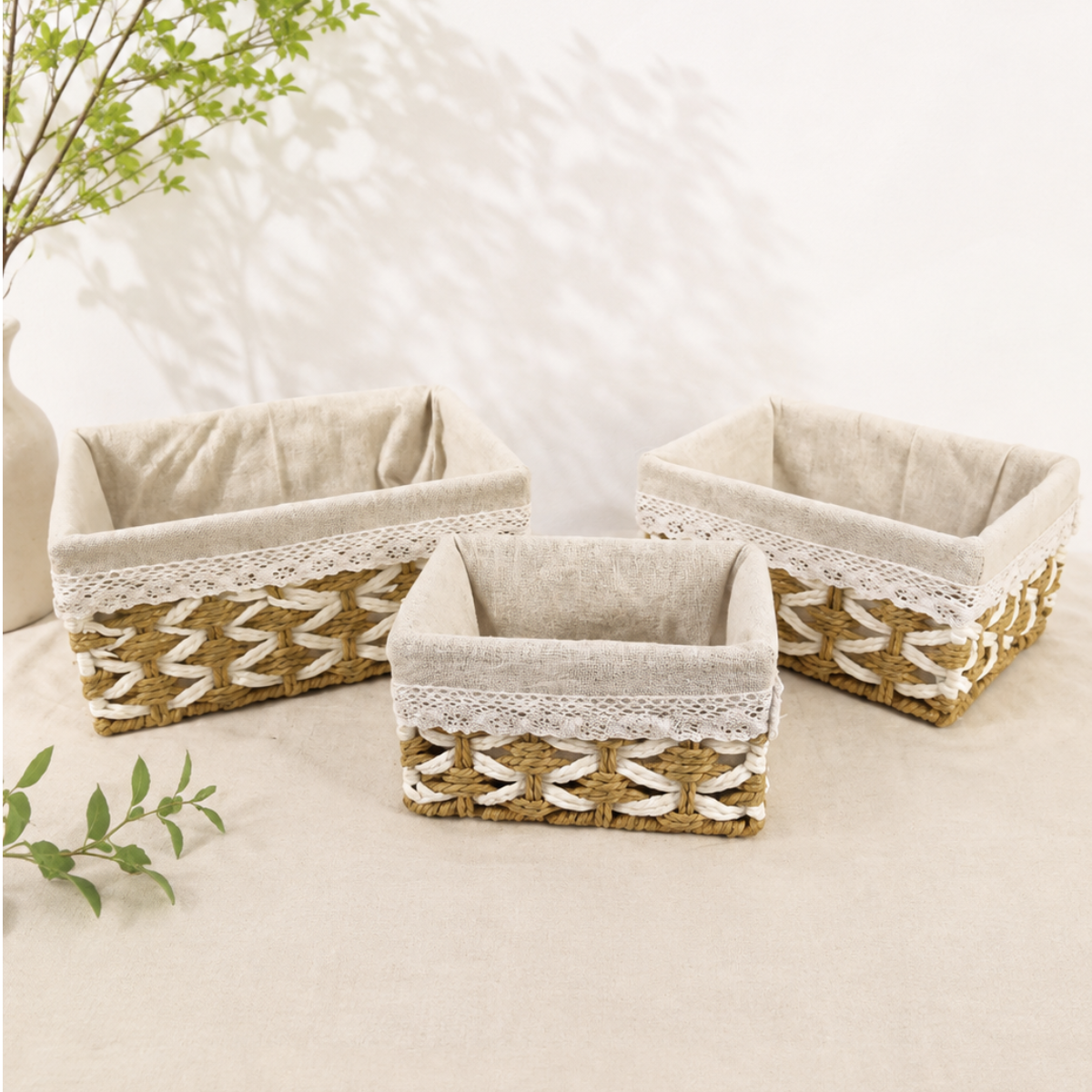 Set 3 Canasto Organizador Mimbre Tejido Bicolor Funda Tela