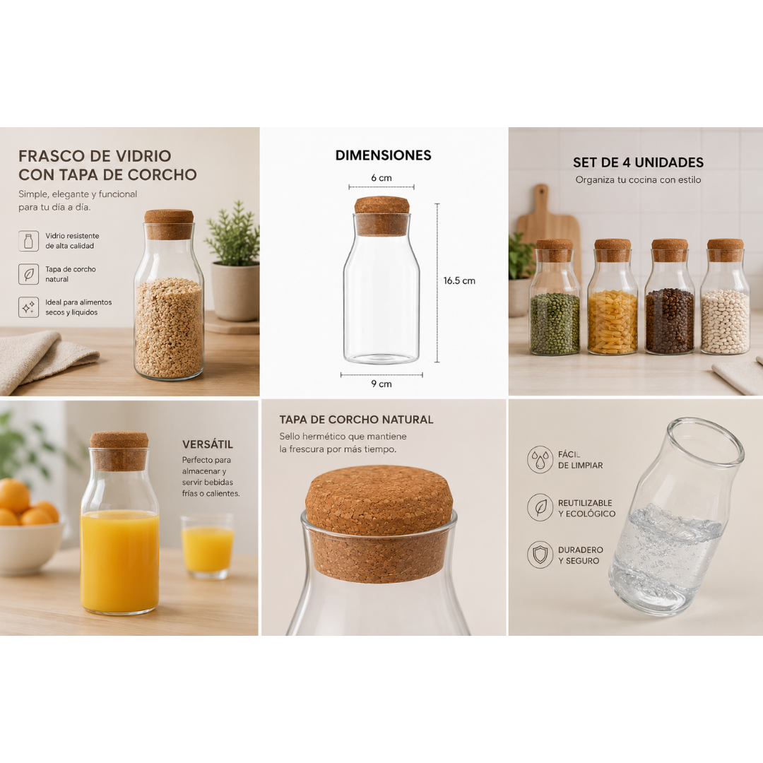 Set 4 Botella Frasco Contenedor Vidrio Con Tapa Corcho 600ml