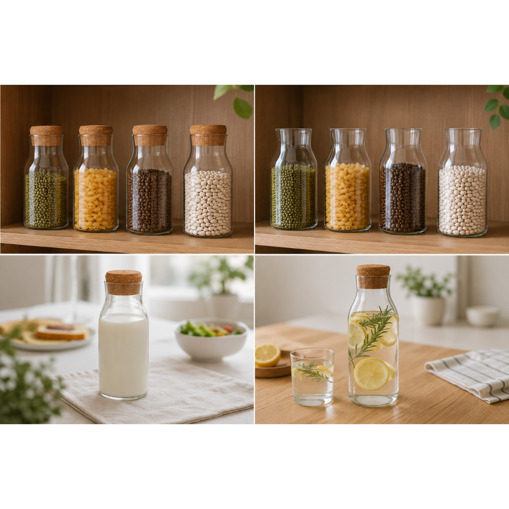 Set 4 Botella Frasco Contenedor Vidrio Con Tapa Corcho 600ml