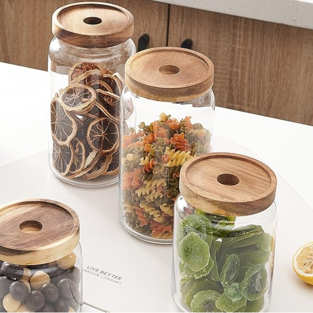 2 Frascos Vidrio De 1200ml Con Tapa Madera Acacia Hermetico