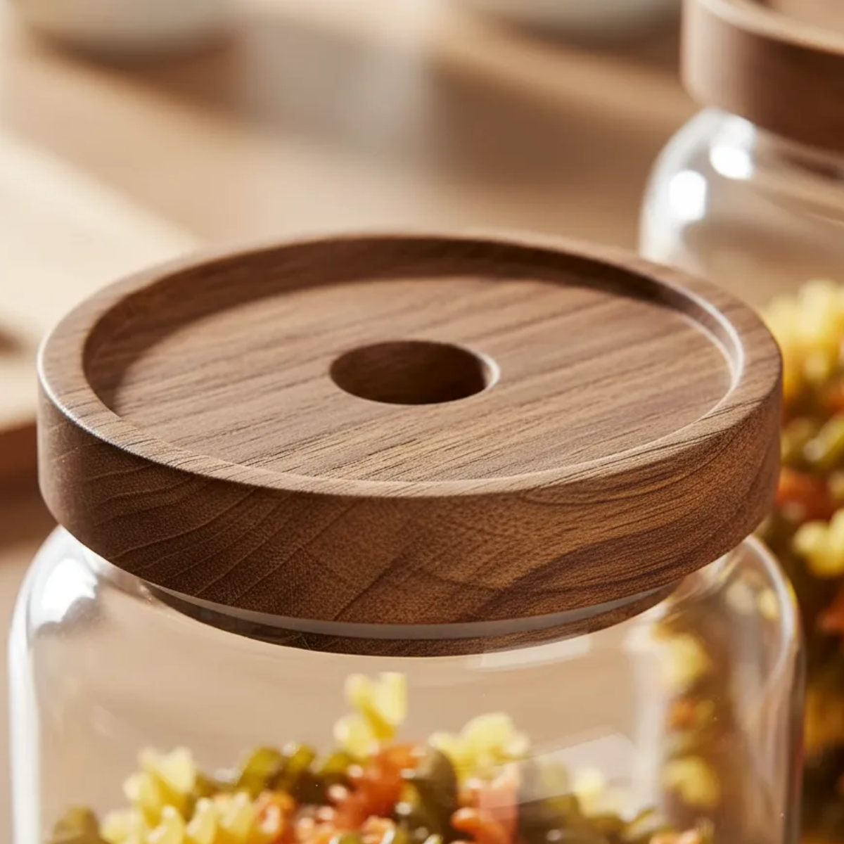 2 Frascos Vidrio De 1200ml Con Tapa Madera Acacia Hermetico