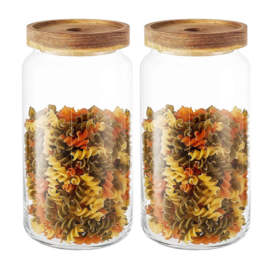 2 Frascos Vidrio De 1200ml Con Tapa Madera Acacia Hermetico