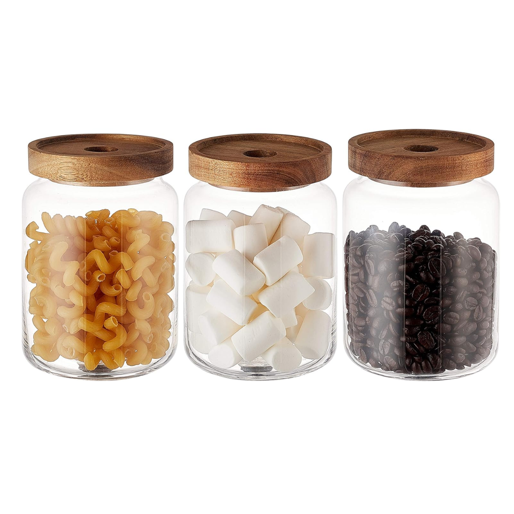 3 Frascos Vidrio De 900ml Con Tapa Madera Acacia Hermetico