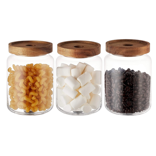 3 Frascos Vidrio De 900ml Con Tapa Madera Acacia Hermetico