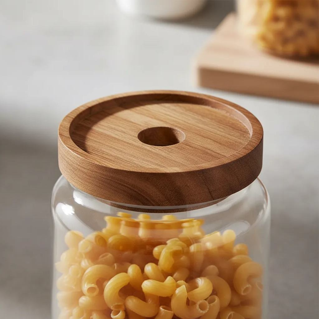 3 Frascos Vidrio De 900ml Con Tapa Madera Acacia Hermetico
