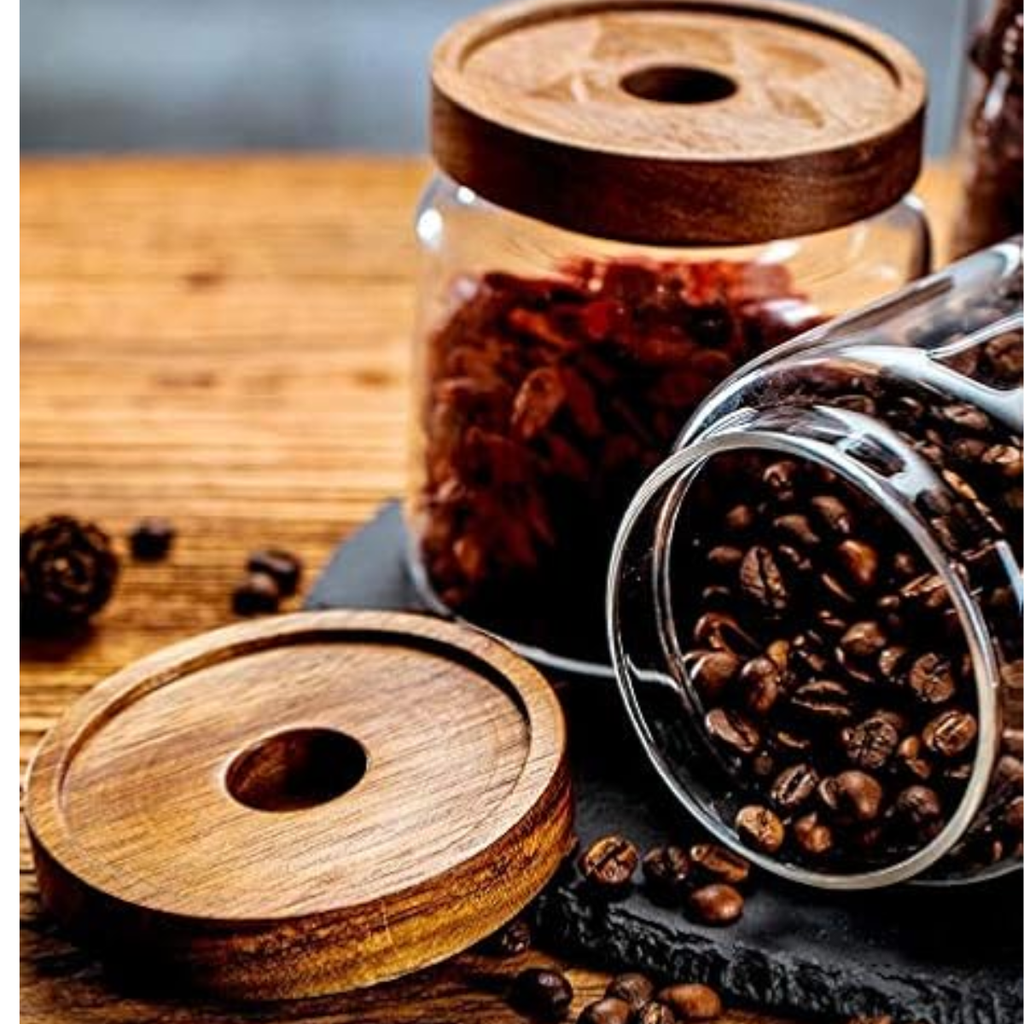 4 Frascos Vidrio De 650ml Con Tapa Madera Acacia Hermetico