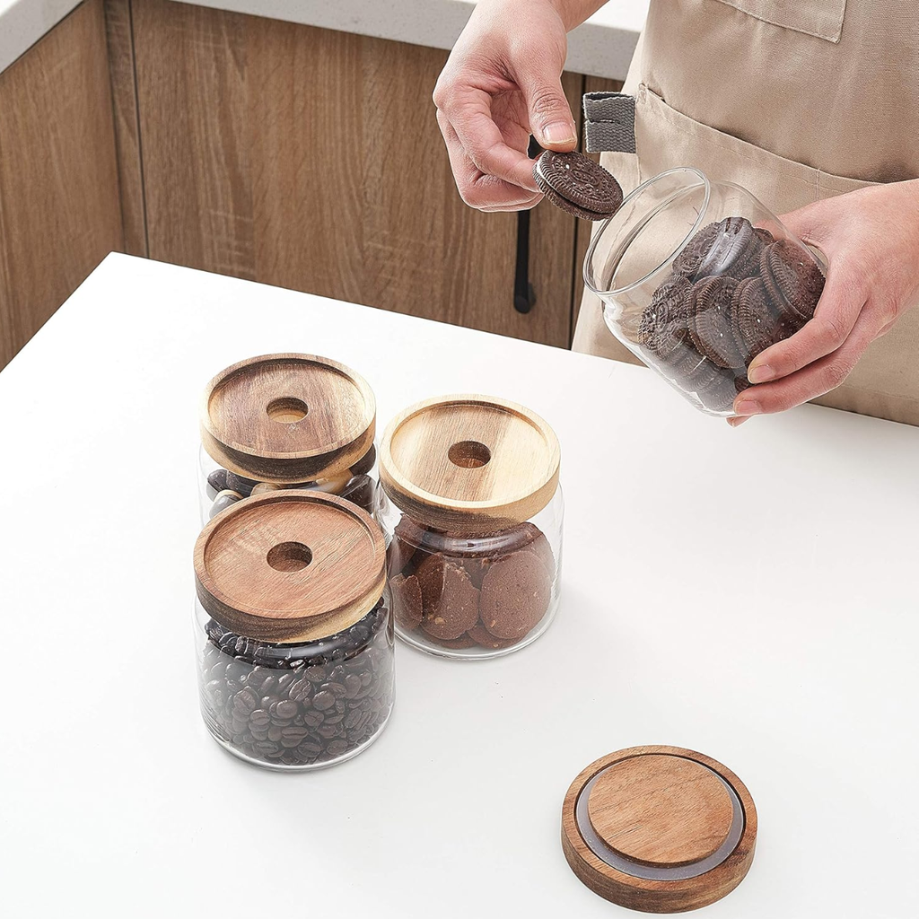 4 Frascos Vidrio De 650ml Con Tapa Madera Acacia Hermetico