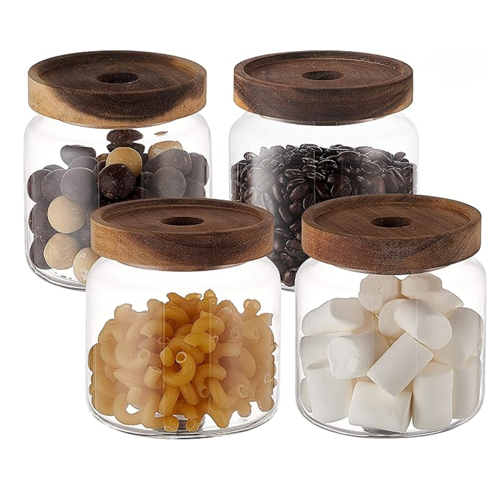 4 Frascos Vidrio De 650ml Con Tapa Madera Acacia Hermetico