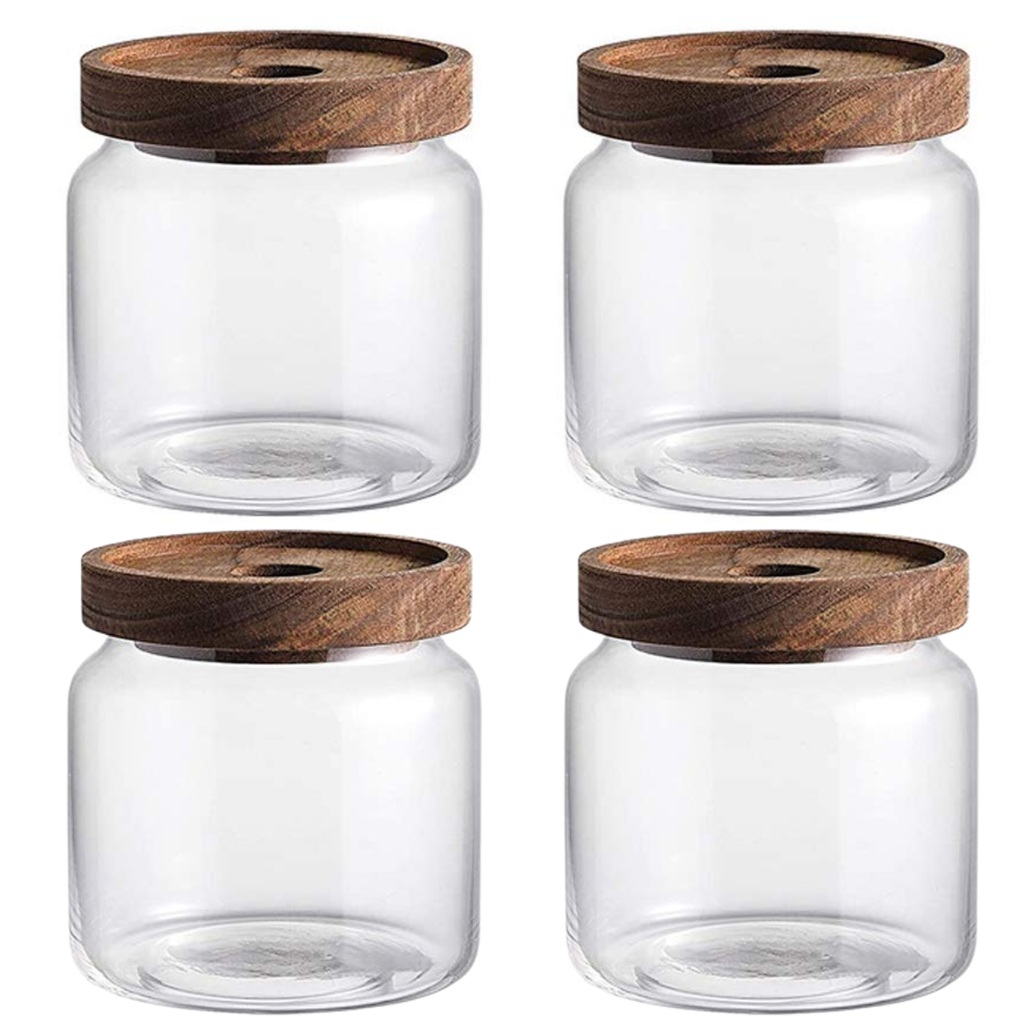 4 Frascos Vidrio De 650ml Con Tapa Madera Acacia Hermetico