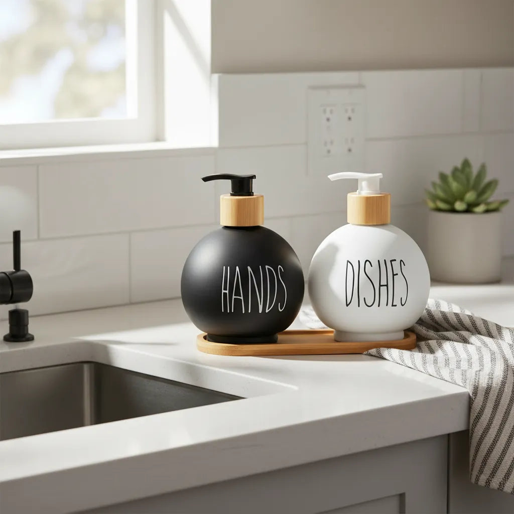 Dispensador Redondo Jabon Y Lavaloza Bandeja Bambu Dish Soap