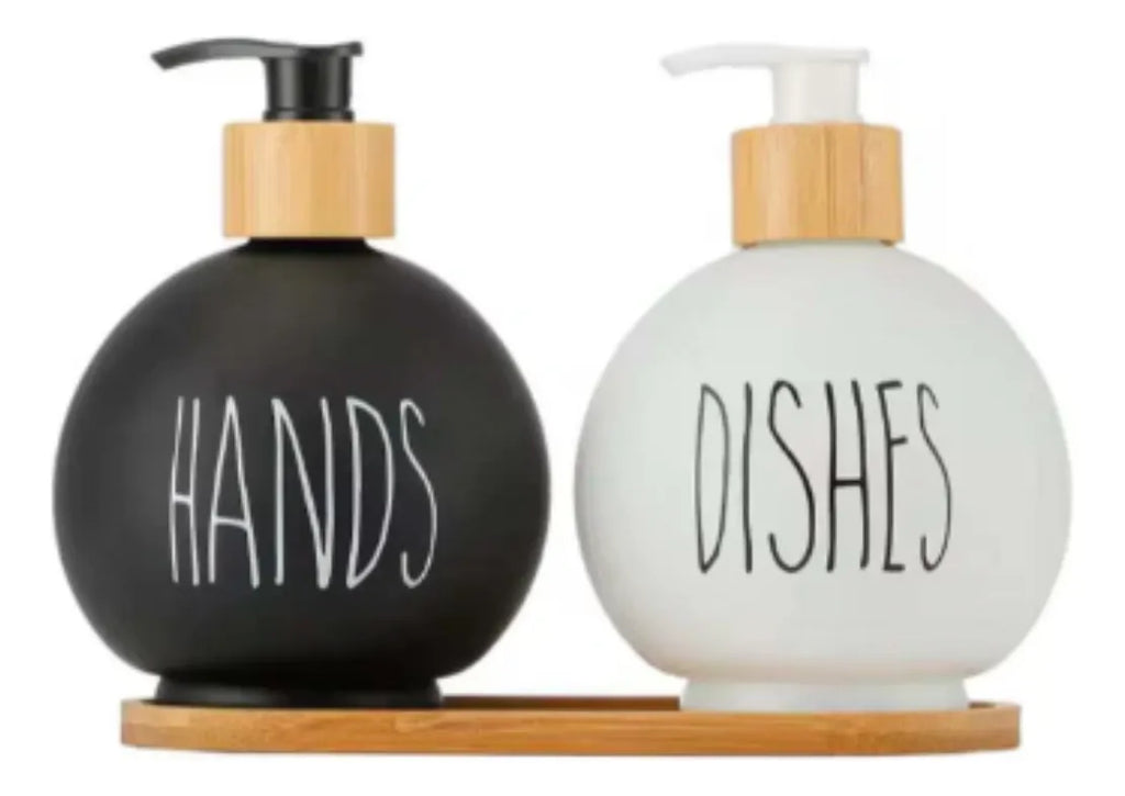 Dispensador Redondo Jabon Y Lavaloza Bandeja Bambu Dish Soap