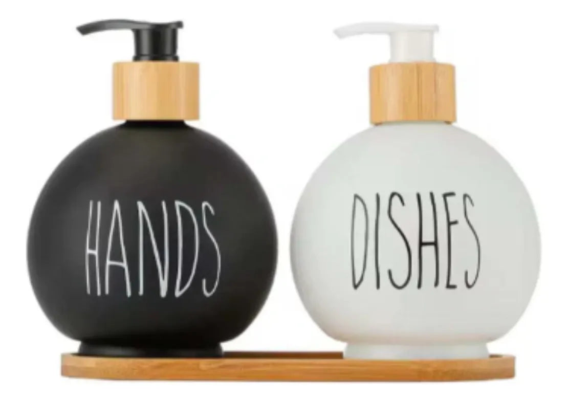 Dispensador Redondo Jabon Y Lavaloza Bandeja Bambu Dish Soap