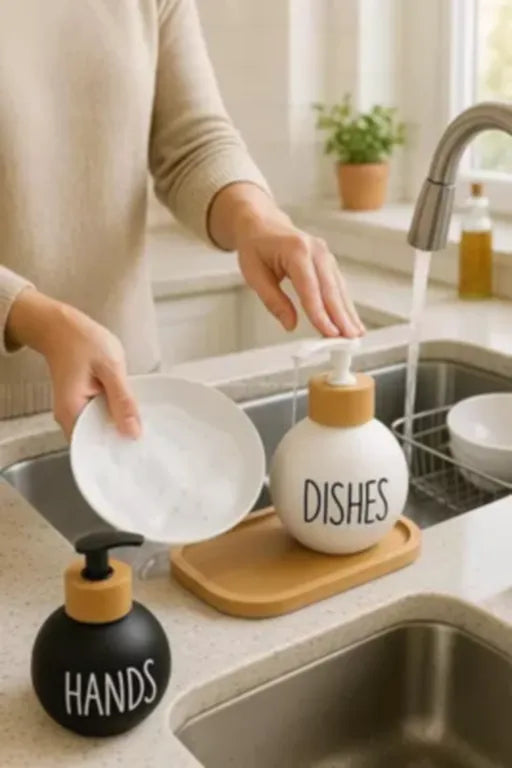 Dispensador Redondo Jabon Y Lavaloza Bandeja Bambu Dish Soap
