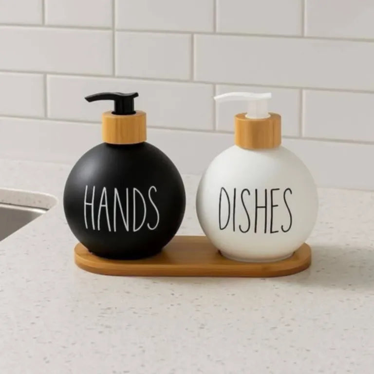 Dispensador Redondo Jabon Y Lavaloza Bandeja Bambu Dish Soap