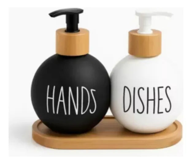 Dispensador Redondo Jabon Y Lavaloza Bandeja Bambu Dish Soap