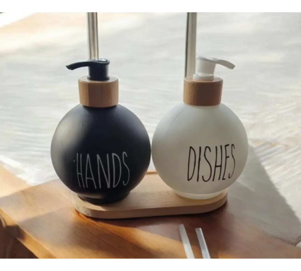 Dispensador Redondo Jabon Y Lavaloza Bandeja Bambu Dish Soap