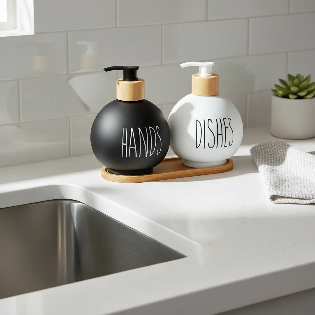 Dispensador Redondo Jabon Y Lavaloza Bandeja Bambu Dish Soap