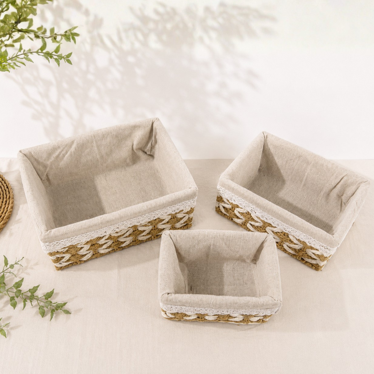 Set 3 Canasto Organizador Mimbre Tejido Bicolor Funda Tela