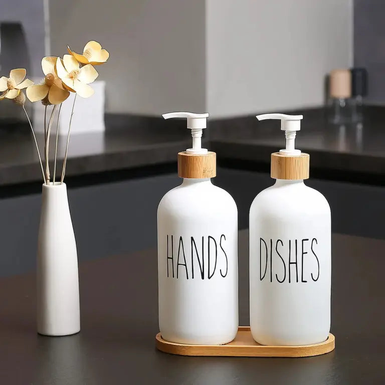 Set 2 Dispensadores De Jabon Vidrio Con Bandeja De Bambu