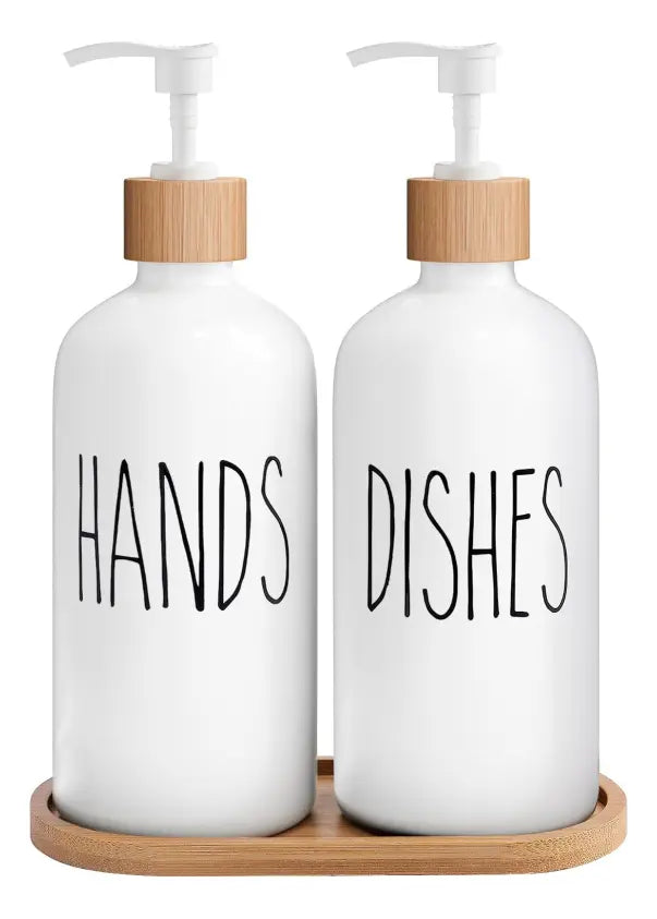 Set 2 Dispensadores De Jabon Vidrio Con Bandeja De Bambu