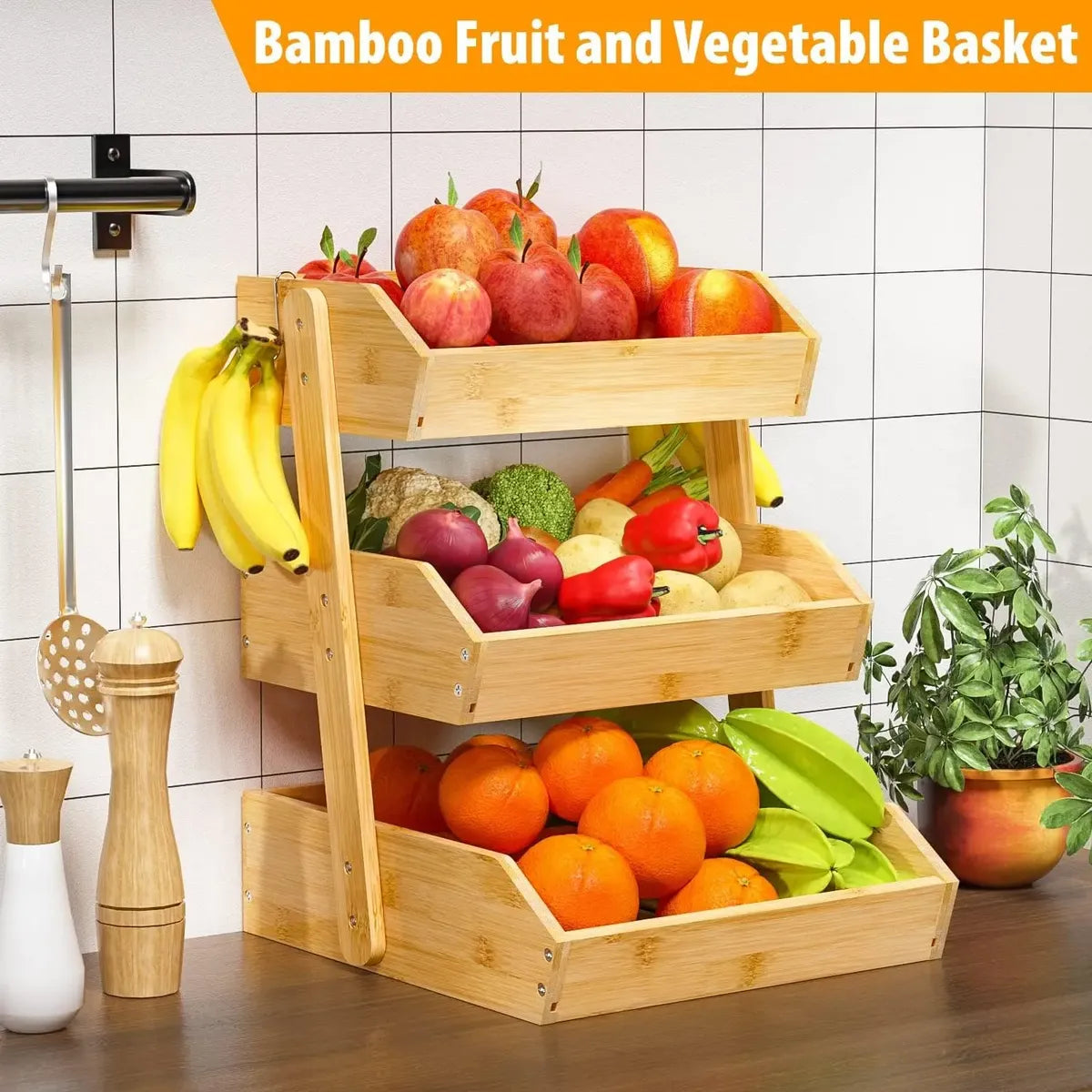Frutero Cesta De Frutas De Bambu De 3 Niveles Multiuso