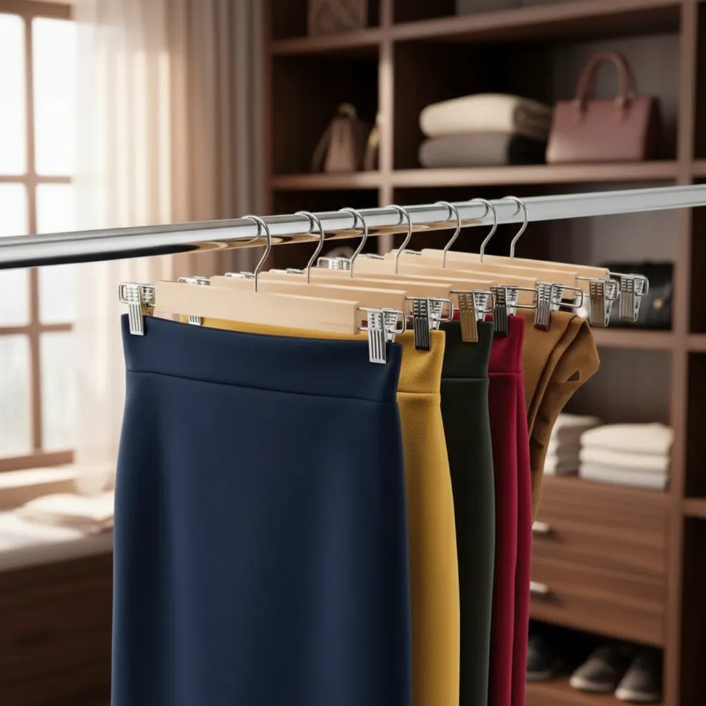 10 Colgadores Gancho Madera Metal Falda Pantalón Con Pinza
