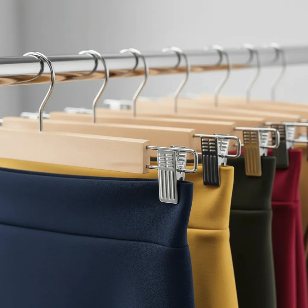 10 Colgadores Gancho Madera Metal Falda Pantalón Con Pinza