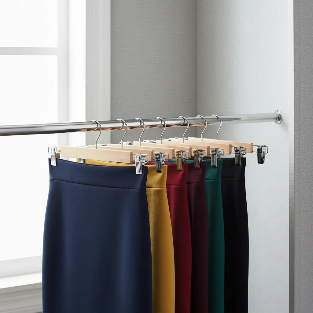 10 Colgadores Gancho Madera Metal Falda Pantalón Con Pinza