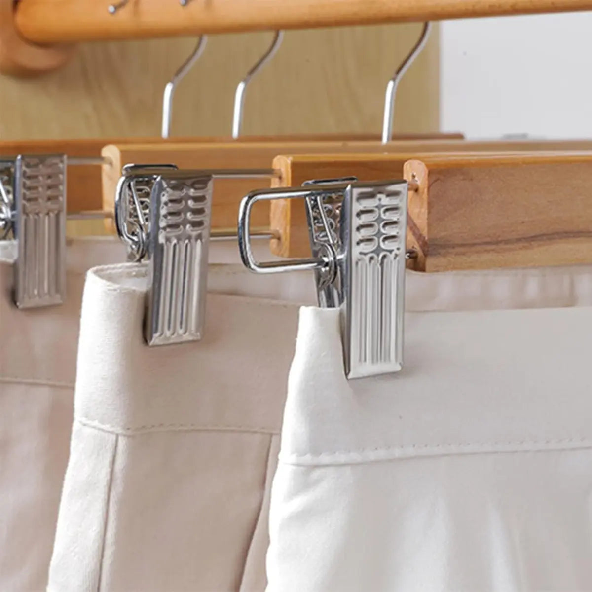 10 Colgadores Gancho Madera Metal Falda Pantalón Con Pinza