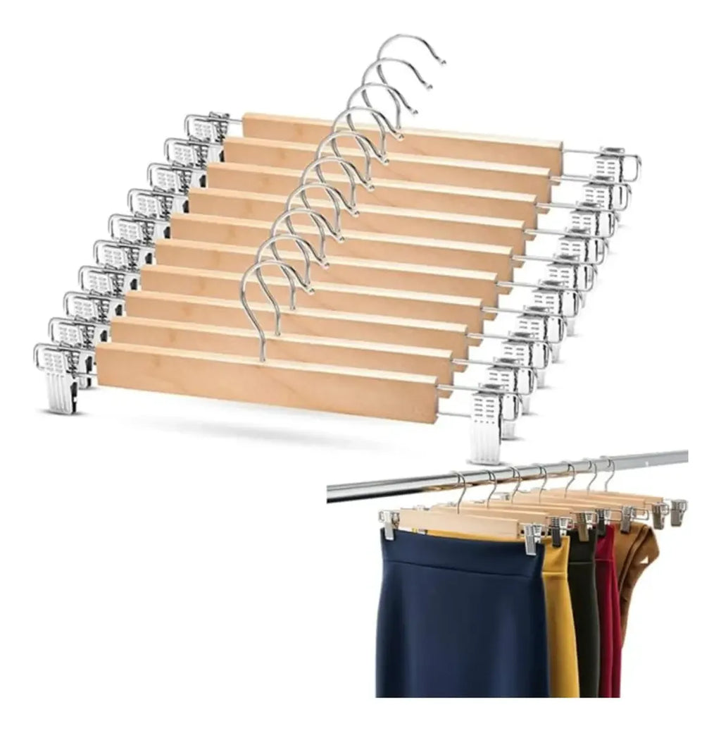 10 Colgadores Gancho Madera Metal Falda Pantalón Con Pinza