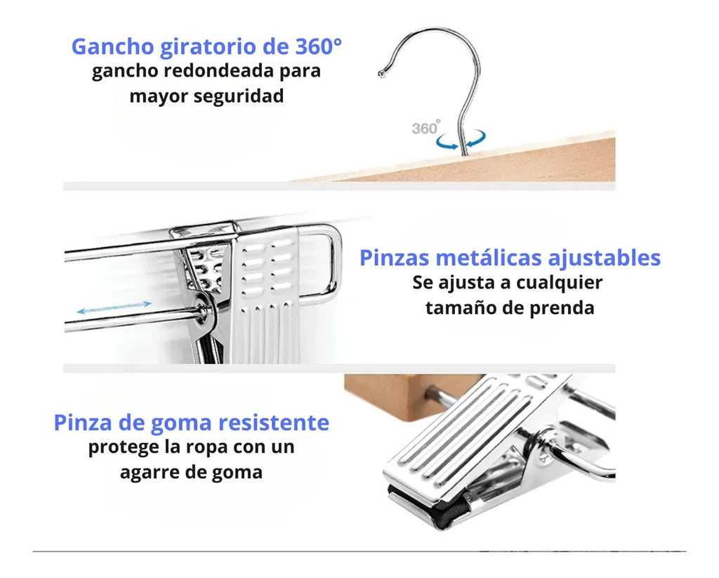 10 Colgadores Gancho Madera Metal Falda Pantalón Con Pinza