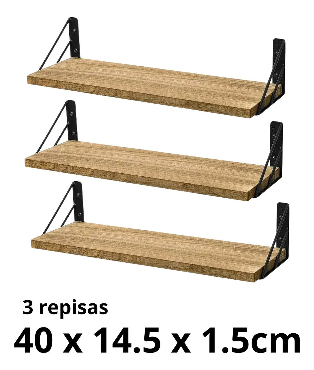 Pack 3 Repisa Flotante De Madera Natural Multiuso 40x14x12cm