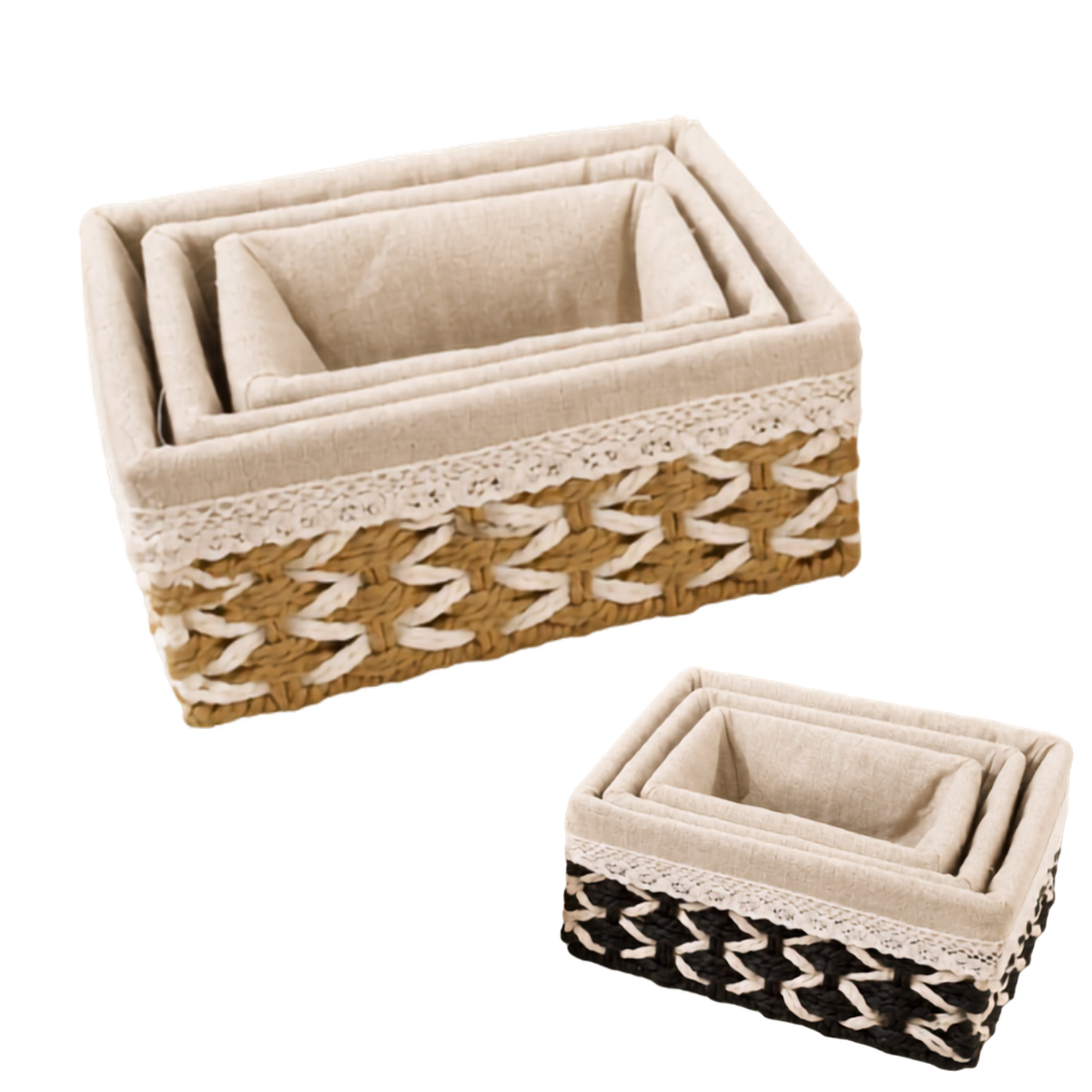 Set 3 Canasto Organizador Mimbre Tejido Bicolor Funda Tela
